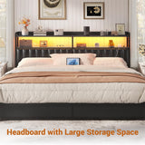 Black Headboard for Bed Frame, Upholstered Headboards with Outlets, USB Pots, LED Lights, Height Adjustable