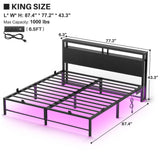 King Size Bed Frame with Headboard, Metal Platform Bed Frame with LED Light and Power Outlets