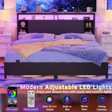 King Size Bookcase Headboard with Storage, Power Outlets, and RGB LED Light