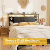 King Size Bookcase Headboard with Storage, Power Outlets, and RGB LED Light