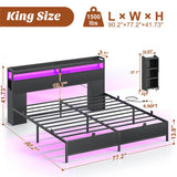 Unikito King Size Bed Frame with Bookcase Storage Headboard and LED Light, King Bed Frame with Slide Out Bedside Cabinet and Power Outlet, Sturdy Metal Slat, No Box Spring Needed, Noise Free