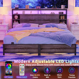 King Size Bookcase Headboard with Storage, Power Outlets, and RGB LED Light