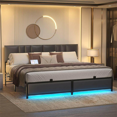 Unikito King Bed Frame with 3 Height Adjustable Headboard, Upholstered Leather Platform Bed with LED Light & Charging Station, Stable Metal Frame Support, No Box Spring Needed, Noise Free