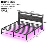 King Size Bed Frame with Headboard, Metal Platform Bed Frame with LED Light and Power Outlets