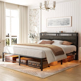 King Size Bed Frame with Headboard, Metal Platform Bed Frame with LED Light and Power Outlets