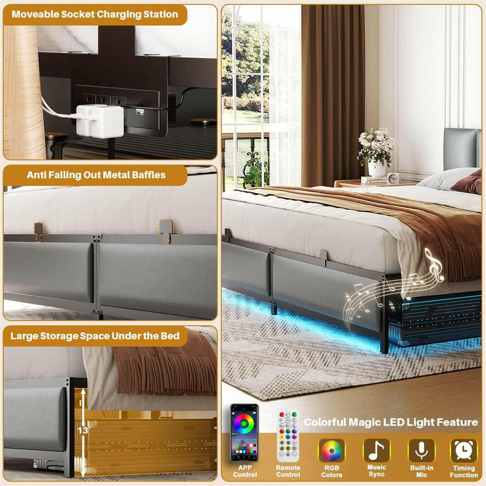 Unikito King Bed Frame with 3 Height Adjustable Headboard, Upholstered Leather Platform Bed with LED Light & Charging Station, Stable Metal Frame Support, No Box Spring Needed, Noise Free