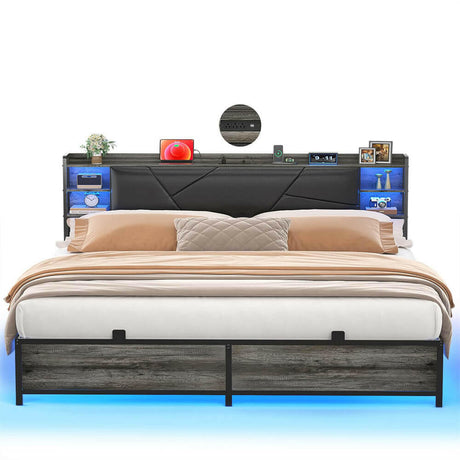 Unikito King Size Bed Frame with Smart RGB LED Lights and Charging Outlets, Sturdy Platform Bed with Upholstered Headboard, Heavy Duty Metal Slats, No Box Spring Needed, Easy Assembly
