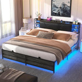 Unikito King Size Bed Frame with Smart RGB LED Lights and Charging Outlets, Sturdy Platform Bed with Upholstered Headboard, Heavy Duty Metal Slats, No Box Spring Needed, Easy Assembly