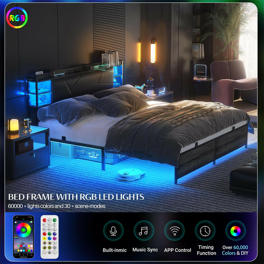 Unikito King Size Bed Frame with Smart RGB LED Lights and Charging Outlets, Sturdy Platform Bed with Upholstered Headboard, Heavy Duty Metal Slats, No Box Spring Needed, Easy Assembly