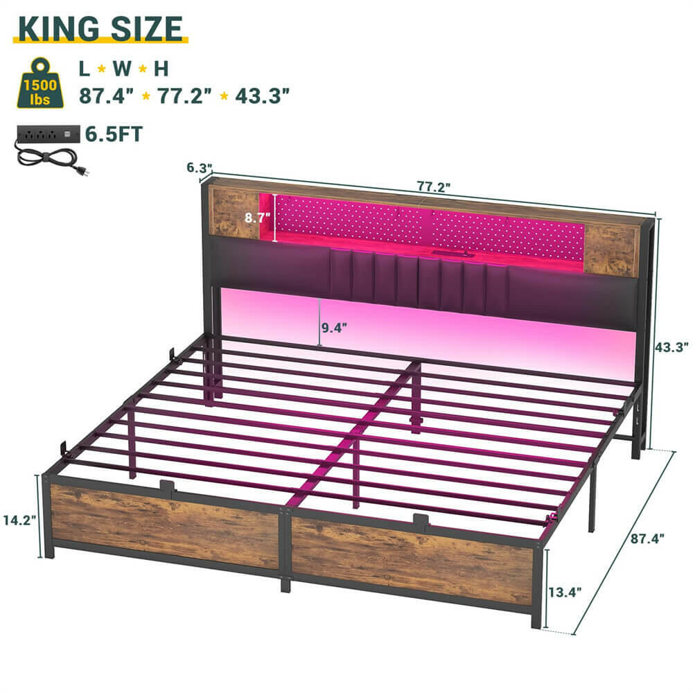 Unikito King Size Bed Frame with LED Light and Upholstered Storage Headboard, Metal Platform Full Bed Frame with Charging Station, No Box Spring Needed, Easy Assembly, Noise-Free
