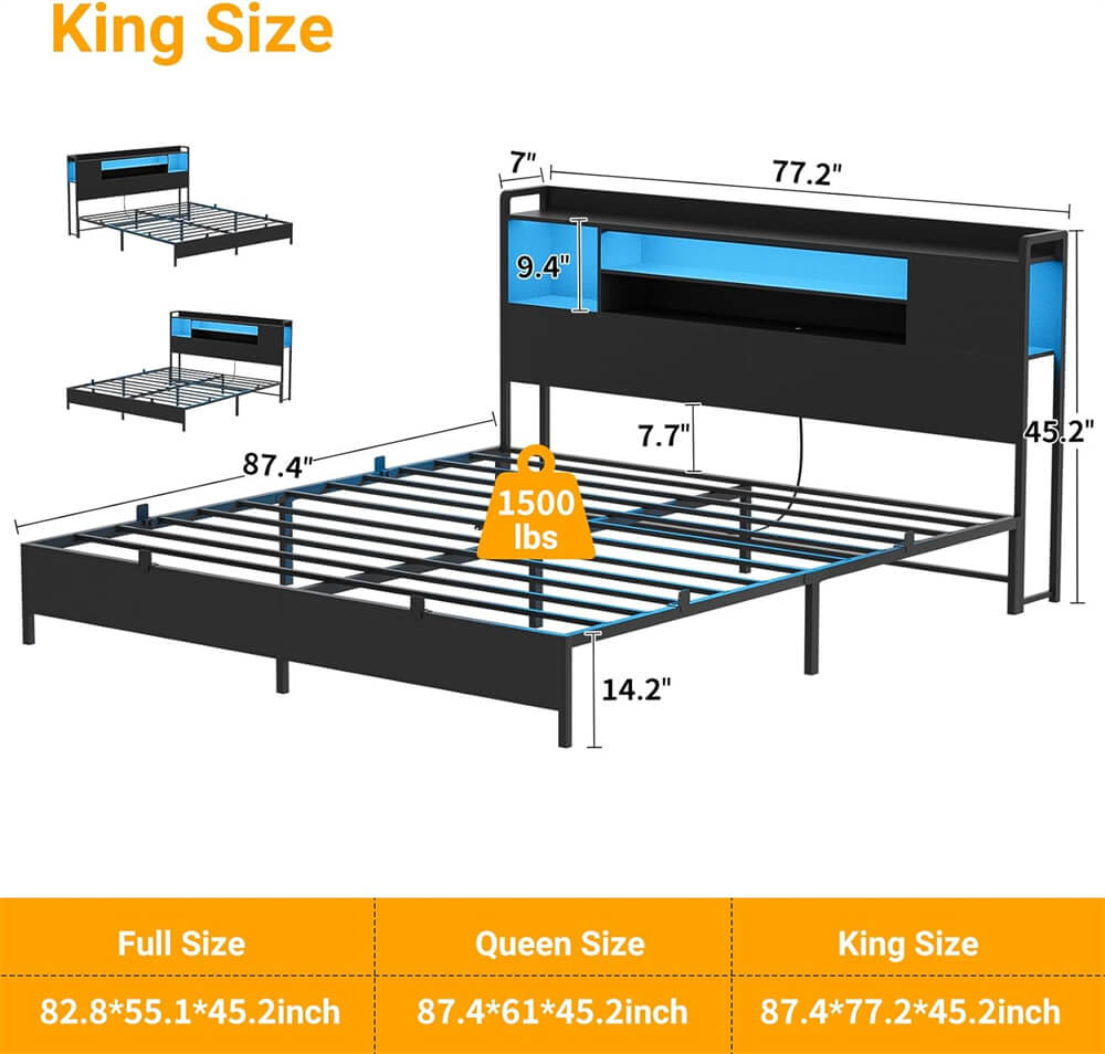 Unikito Metal Bedstead with Headboard, Black Metal Bed Frame with Headboard, Comes with Bookcase, Charging Stations & RGB LED Light, No Box Spring, Noise Free