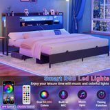 Unikito Metal Bedstead with Headboard, Black Metal Bed Frame with Headboard, Comes with Bookcase, Charging Stations & RGB LED Light, No Box Spring, Noise Free