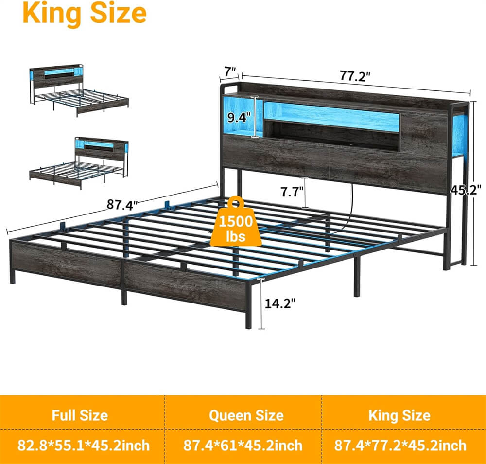 Unikito Metal Bedstead with Headboard, Black Metal Bed Frame with Headboard, Comes with Bookcase, Charging Stations & RGB LED Light, No Box Spring, Noise Free