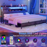 Unikito Metal Bedstead with Headboard, Black Metal Bed Frame with Headboard, Comes with Bookcase, Charging Stations & RGB LED Light, No Box Spring, Noise Free