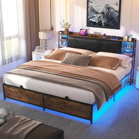 Unikito King Size Bed Frame with Smart RGB LED Lights and Charging Outlets, Sturdy Platform Bed with Upholstered Headboard, Heavy Duty Metal Slats, No Box Spring Needed, Easy Assembly