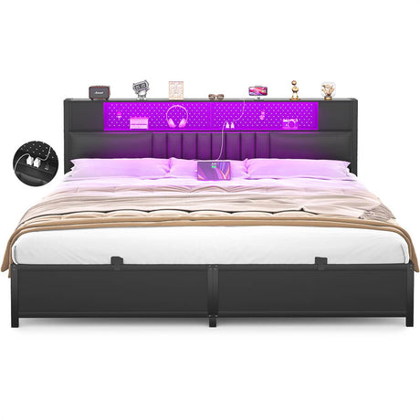 Unikito King Size Bed Frame with LED Light and Upholstered Storage Headboard, Metal Platform Full Bed Frame with Charging Station, No Box Spring Needed, Easy Assembly, Noise-Free