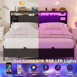 King Size Bed Frame with Storage Headboard, Charging Stations and Smart LED Lights, Sturdy & Stable, Heavy Duty