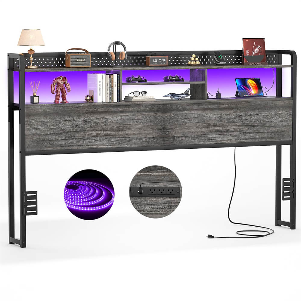 Unikito Headboard for King Size Bed with Storage Shelf, Head board with 3 Outlets and 2 USB Ports, Headboards with RGB LED Light, Height Adjustable, Sturdy and Stable, Easy Assembly