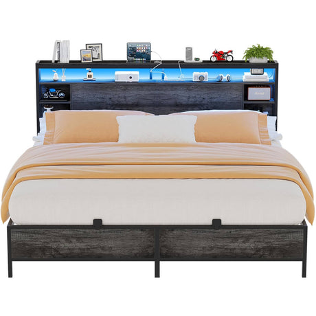 King Size Bed Frame with Storage Headboard, Charging Stations and Smart LED Lights, Sturdy & Stable, Heavy Duty