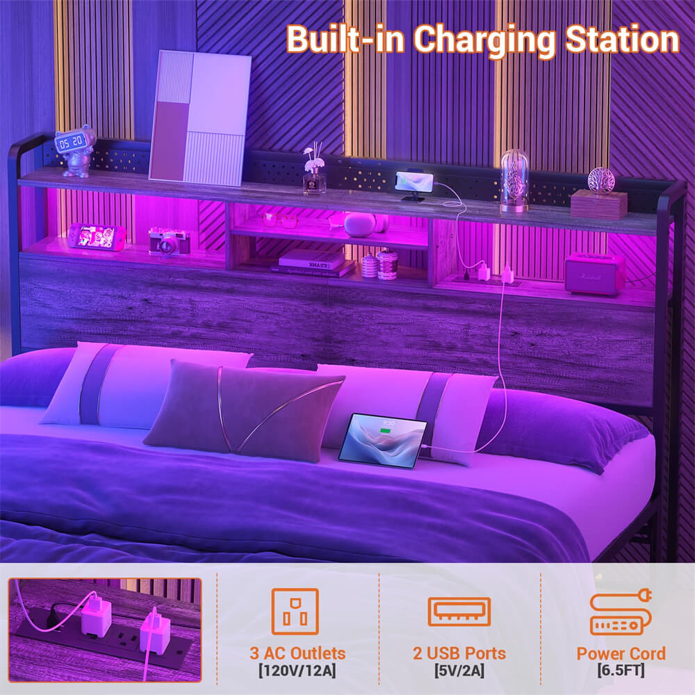 Unikito Headboard for King Size Bed with Storage Shelf, Head board with 3 Outlets and 2 USB Ports, Headboards with RGB LED Light, Height Adjustable, Sturdy and Stable, Easy Assembly