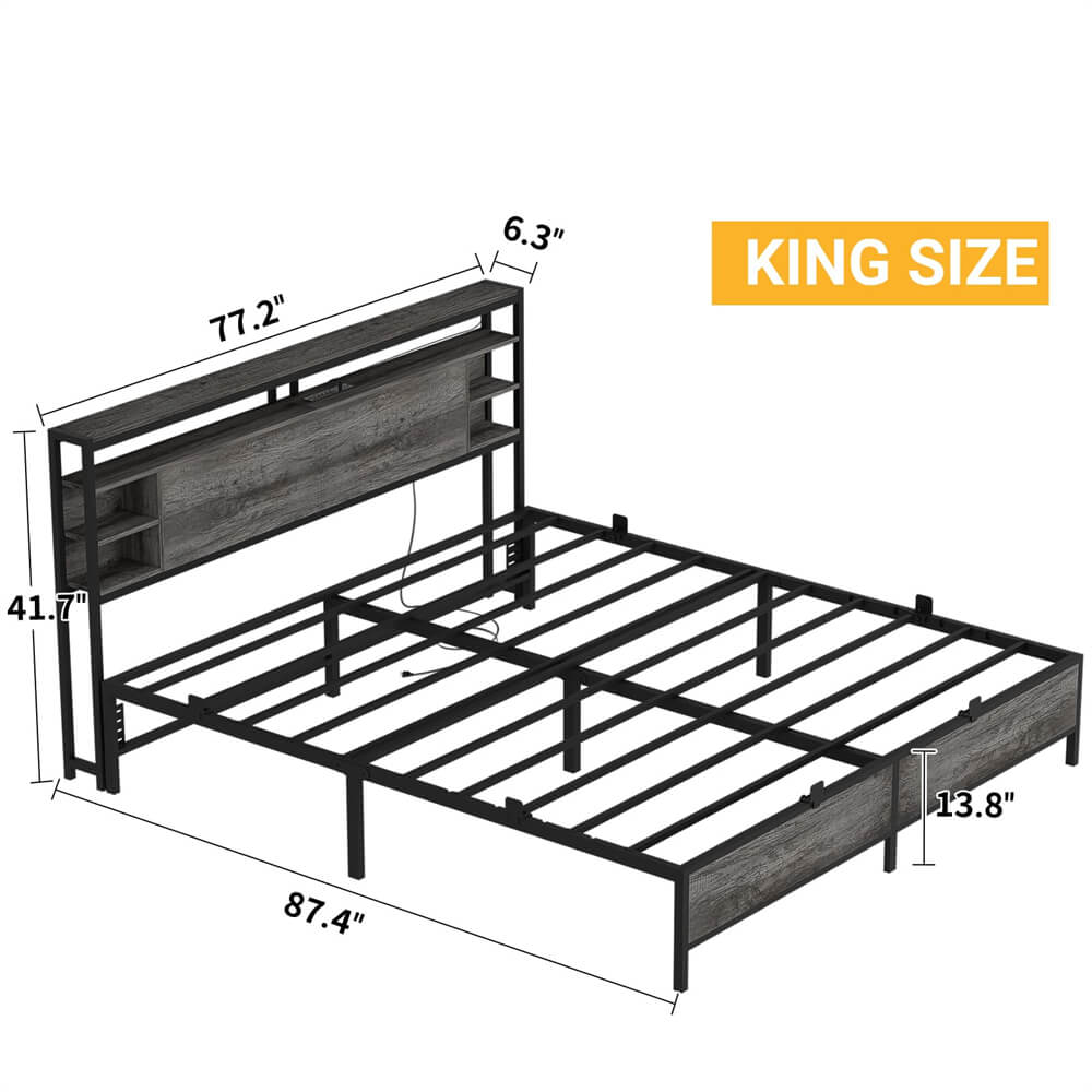 King Size Bed Frame with Storage Headboard, Charging Stations and Smart LED Lights, Sturdy & Stable, Heavy Duty