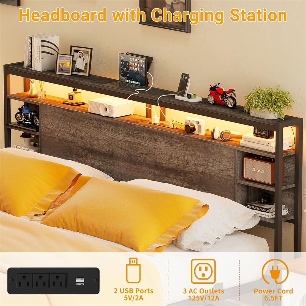 King Size Bed Frame with Storage Headboard, Charging Stations and Smart LED Lights, Sturdy & Stable, Heavy Duty