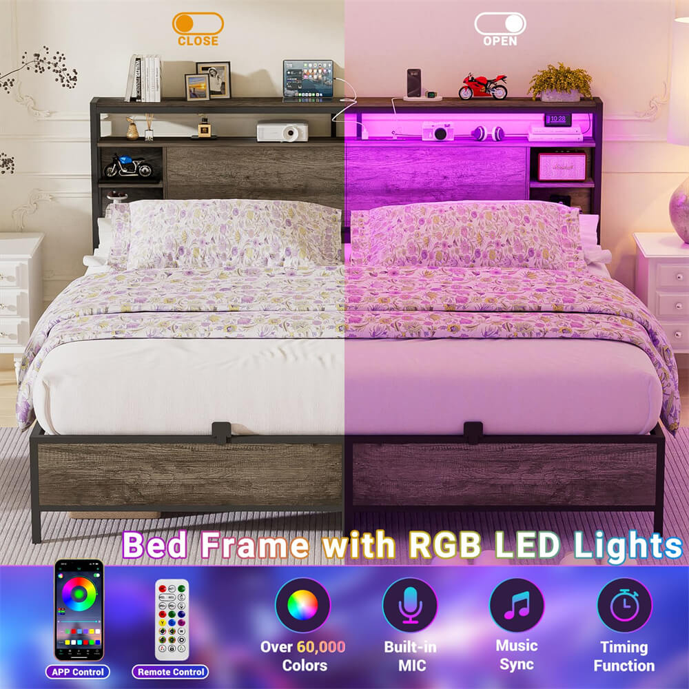 King Size Bed Frame with Storage Headboard, Charging Stations and Smart LED Lights, Sturdy & Stable, Heavy Duty