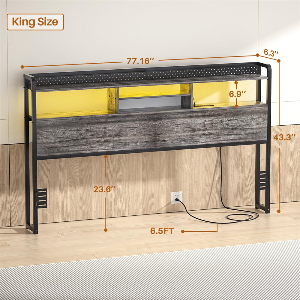 Unikito Headboard for King Size Bed with Storage Shelf, Head board with 3 Outlets and 2 USB Ports, Headboards with RGB LED Light, Height Adjustable, Sturdy and Stable, Easy Assembly