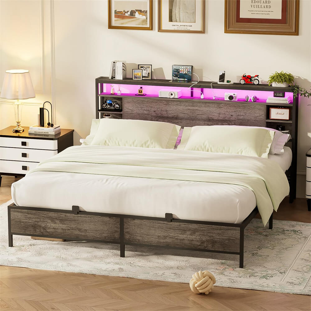 King Size Bed Frame with Storage Headboard, Charging Stations and Smart LED Lights, Sturdy & Stable, Heavy Duty