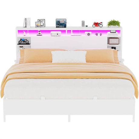 King Size Bed Frame with Storage Headboard, Charging Stations and Smart LED Lights, Sturdy & Stable, Heavy Duty