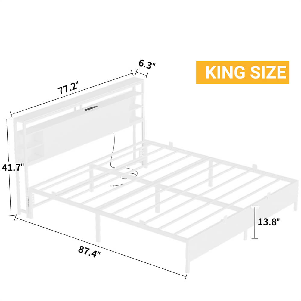 King Size Bed Frame with Storage Headboard, Charging Stations and Smart LED Lights, Sturdy & Stable, Heavy Duty