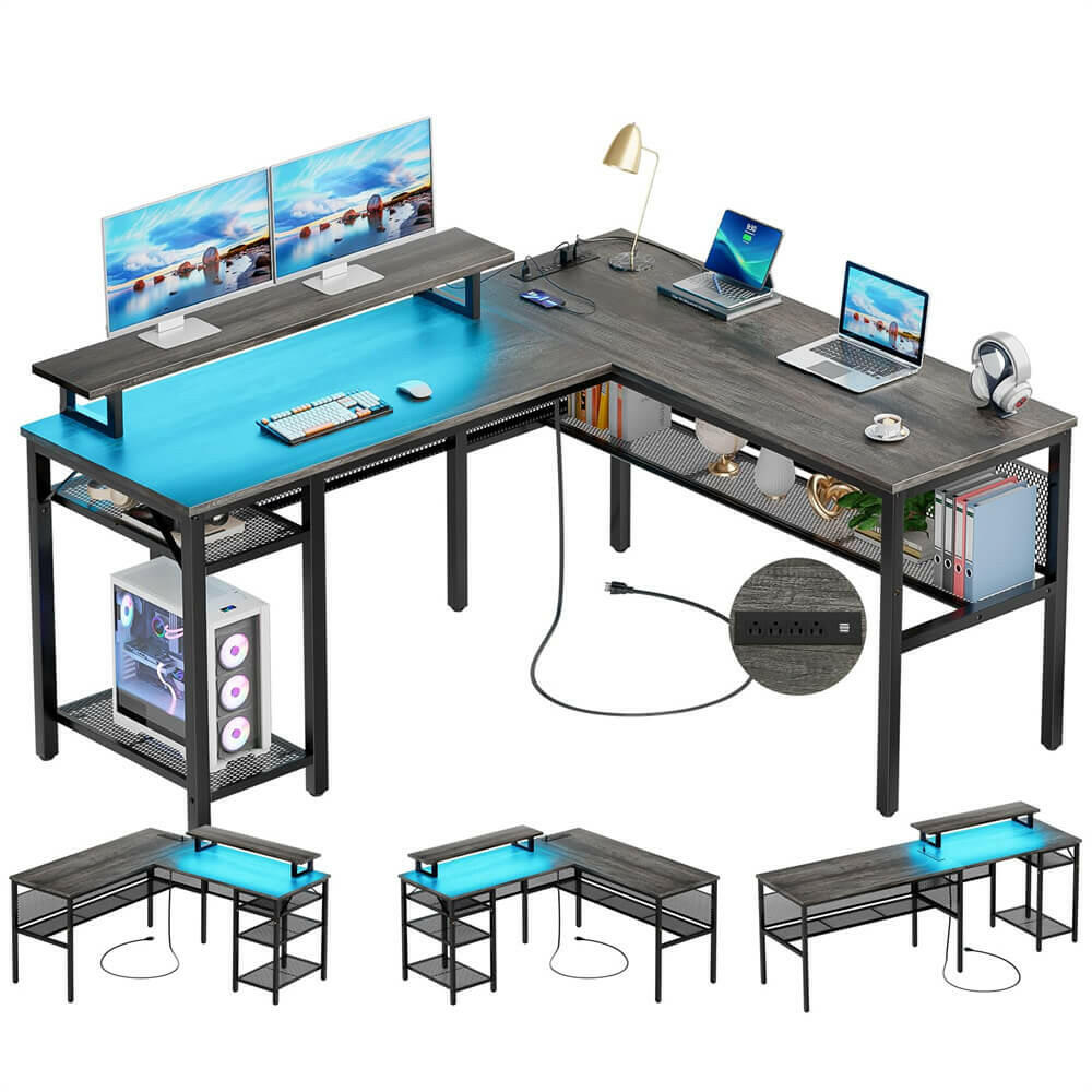 Unikito L Shaped Desk, Reversible Corner Computer Desk with Magic Powe