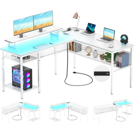 Unikito L Shaped Desk, Reversible Corner Computer Desk with Magic Power Outlets and Smart LED Light, Unique Grid Design, 55 Inch Office Desk with Monitor Stand and Storage Shelf