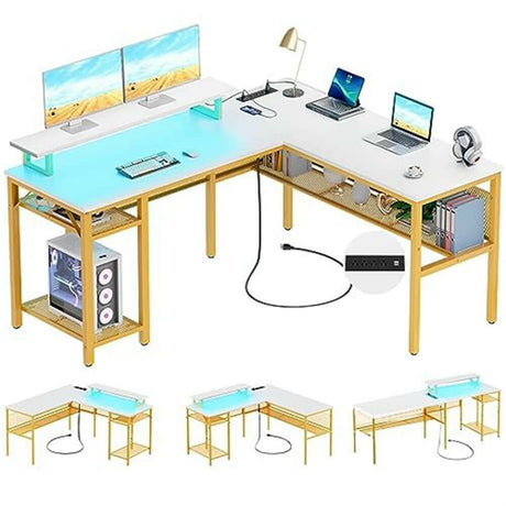 Unikito L Shaped Desk, Reversible Corner Computer Desk with Magic Power Outlets and Smart LED Light, Unique Grid Design, 55 Inch Office Desk with Monitor Stand and Storage Shelf