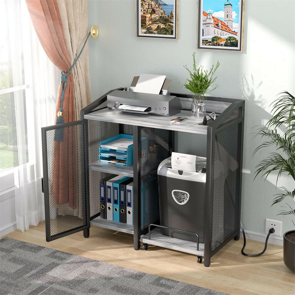 Unikito 3-Tier Lateral Office Filing Cabinets with Socket and USB Charging Port, Modern Printer Stand and Paper Shredder Stand Rack with Wheels, and Open Storage Shelves for Home Office