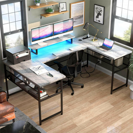 Unikito U Shaped Computer Desks, Reversible Office Desk with LED Strip and Power Outlets, L Shaped Table with Full Monitor Stand and Storage Shelves, 83 Inch Large U- Shape Gaming Desk