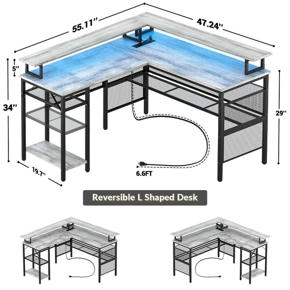 Unikito Reversible L Shaped Desk, Cool 55 Inch Corner Computer Desk with Smart Strip Light and Magic Power Outlet, Sturdy Office Table with Monitor Stand and Shelf, Elegant Grid Design