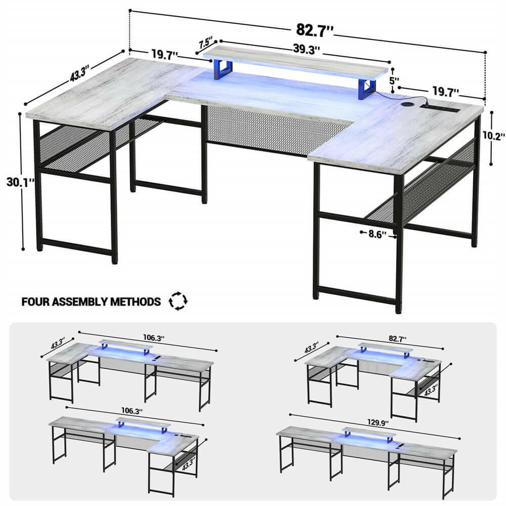 Unikito U Shaped Computer Desks, Reversible Office Desk with LED Strip and Power Outlets, L Shaped Table with Full Monitor Stand and Storage Shelves, 83 Inch Large U- Shape Gaming Desk