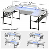 Unikito U Shaped Computer Desks, Reversible Office Desk with LED Strip and Power Outlets, L Shaped Table with Full Monitor Stand and Storage Shelves, 83 Inch Large U- Shape Gaming Desk