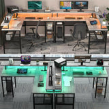 Unikito Reversible L Shaped Desk, Cool 55 Inch Corner Computer Desk with Smart Strip Light and Magic Power Outlet, Sturdy Office Table with Monitor Stand and Shelf, Elegant Grid Design