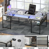 Unikito U Shaped Computer Desk with Power Outlet and LED Strip, Reversible L Shaped Office Desk with Monitor Stand and Storage Shelves, Modern U- Shape Corner Desk, 130 Inch 2 Person Long Table