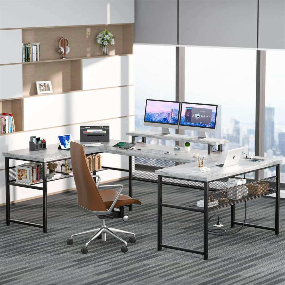 Unikito U Shaped Computer Desks, Reversible Office Desk with LED Strip and Power Outlets, L Shaped Table with Full Monitor Stand and Storage Shelves, 83 Inch Large U- Shape Gaming Desk