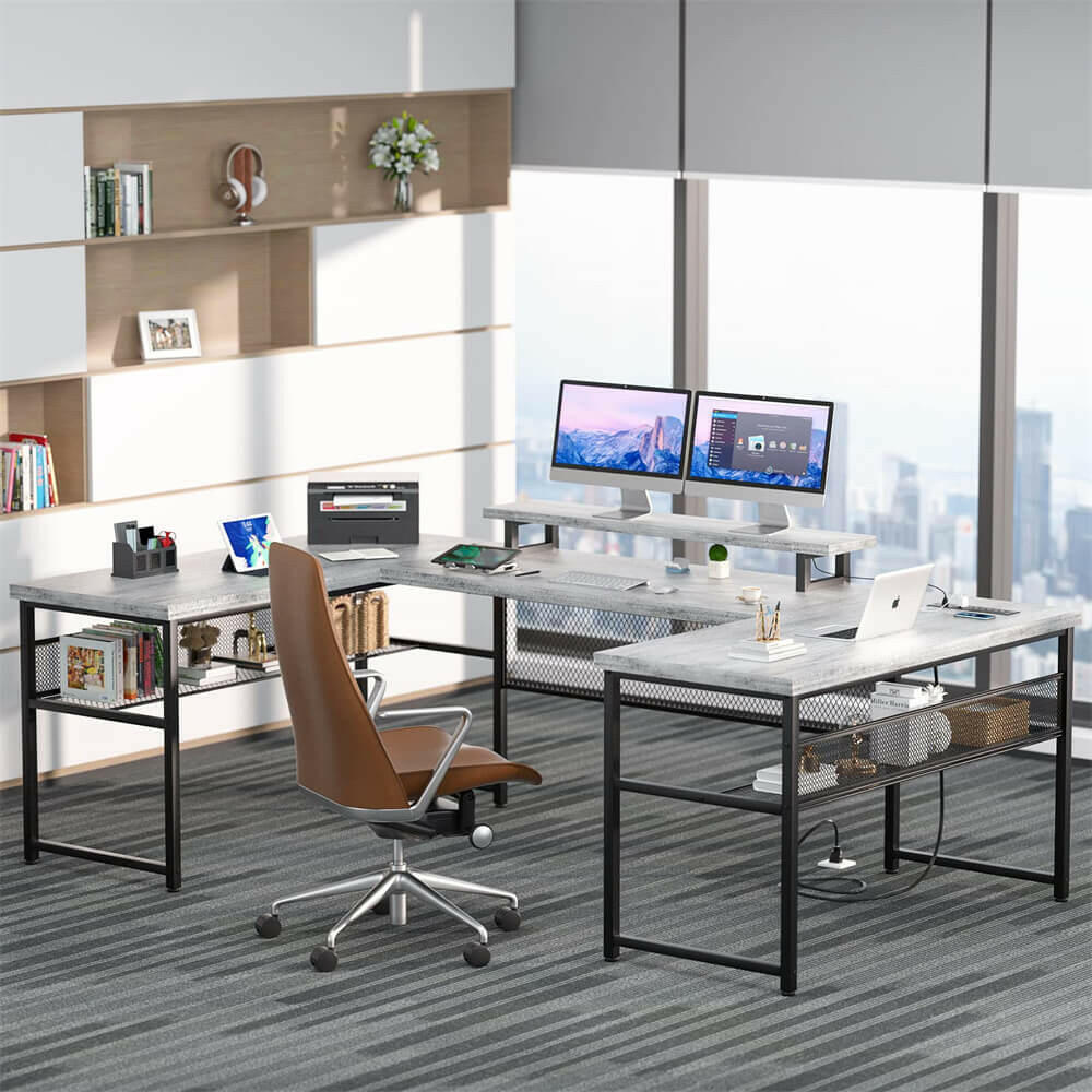 Unikito U Shaped Computer Desk with Power Outlet and LED Strip, Reversible L Shaped Office Desk with Monitor Stand and Storage Shelves, Modern U- Shape Corner Desk, 130 Inch 2 Person Long Table