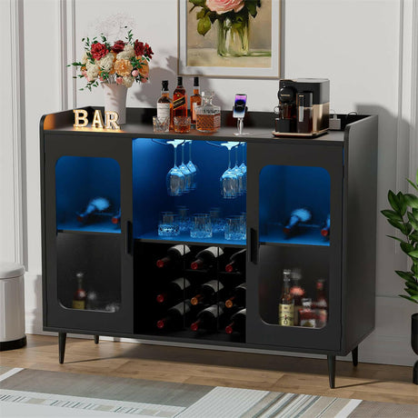 Unikito Liquor Cabinet Bar with Power Outlet and LED Light, Wine Bar Cabinet with Wine and Glasses Rack, Home Coffee Bar Cabinet, Buffet Sideboard with Storage Shelf for Kitchen, Dining Room