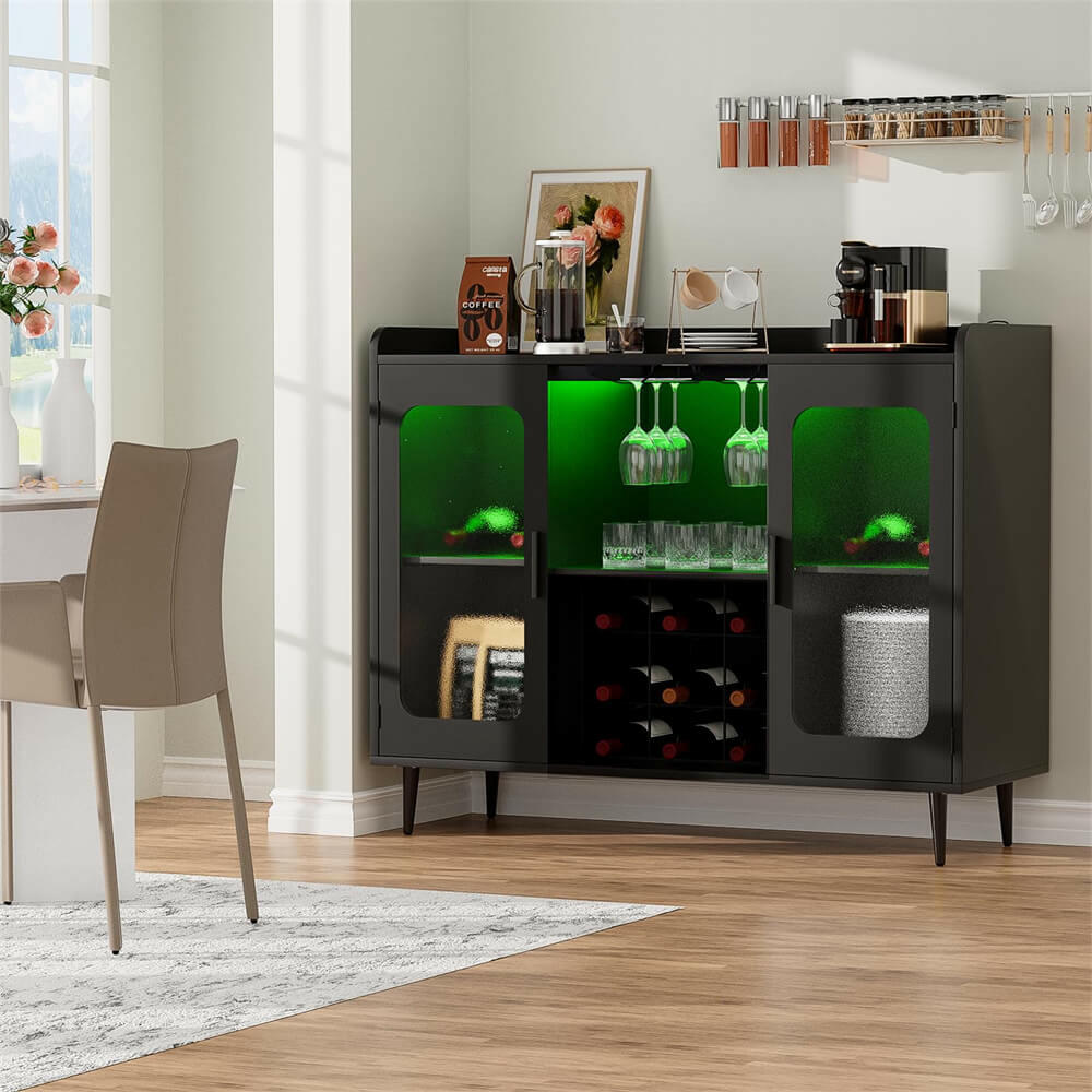 Unikito Liquor Cabinet Bar with Power Outlet and LED Light, Wine Bar Cabinet with Wine and Glasses Rack, Home Coffee Bar Cabinet, Buffet Sideboard with Storage Shelf for Kitchen, Dining Room