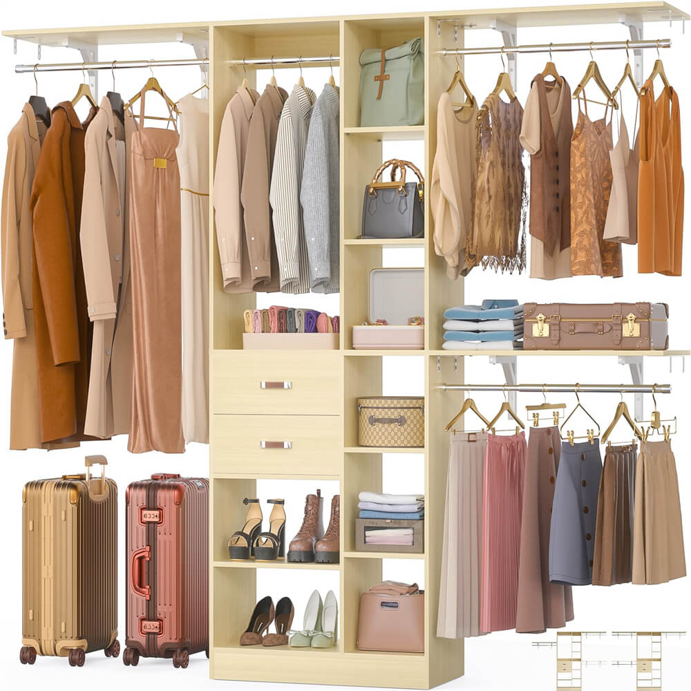 8FT Heavy Duty Closet Organizer System, Walk In Closet System with 13 Shelves and 2 Wood Drawers