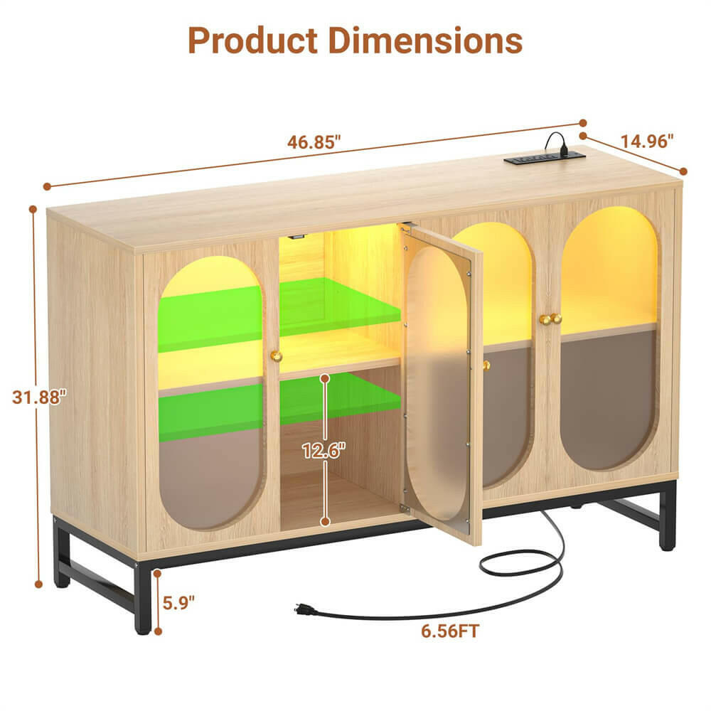 Unikito Sideboard Buffet Cabinet with Power Outlet, Accent Cabinet with LED Light, 4 Doors, Kitchen Sideboard Storage Cabinet Coffee Bar Cabinet Console Table for Dining Living Room,Hallway