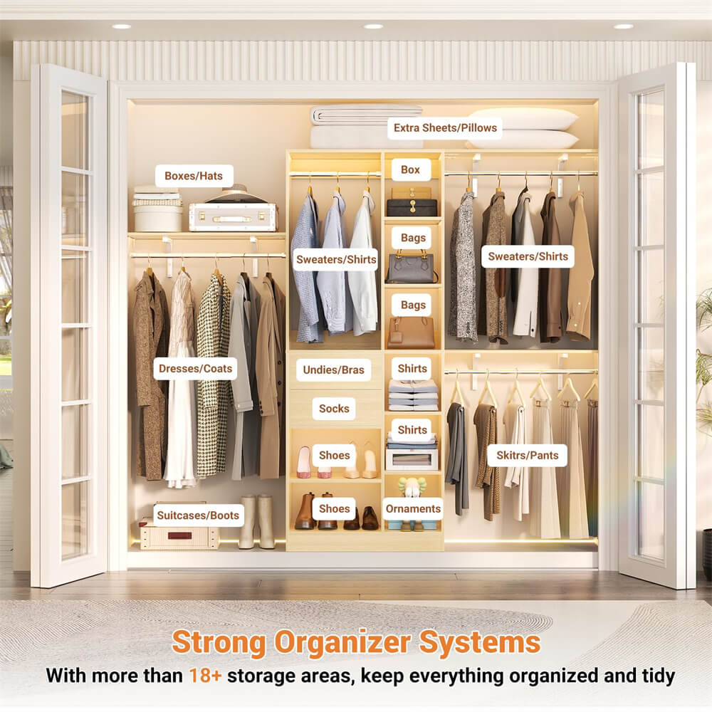 8FT Heavy Duty Closet Organizer System, Walk In Closet System with 13 Shelves and 2 Wood Drawers