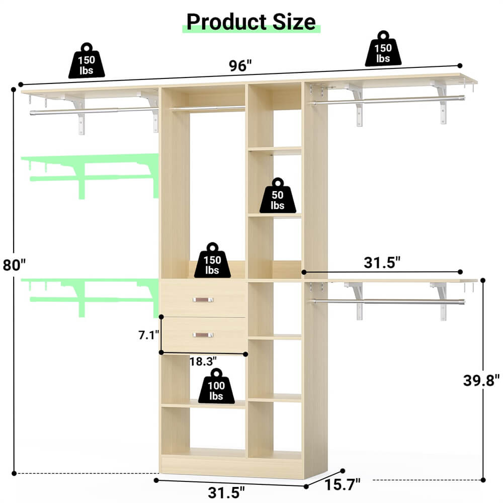 8FT Heavy Duty Closet Organizer System, Walk In Closet System with 13 Shelves and 2 Wood Drawers