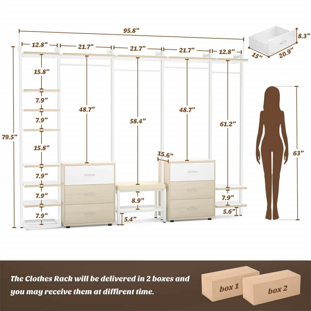 Unikito Clothing Rack Heavy Duty Closet Organizer for Hanging Clothes, Large Wall Mounted Garment Rack Clothes Rack with 6-Drawers for Wardrobe, Bedroom and as Walk-in Closet System